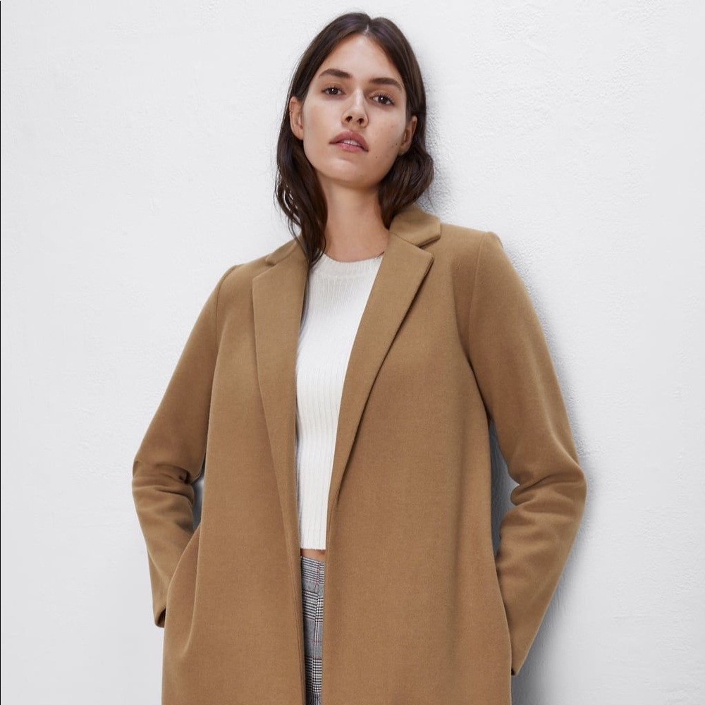 Zara Camel Open Mid Duster Coat
